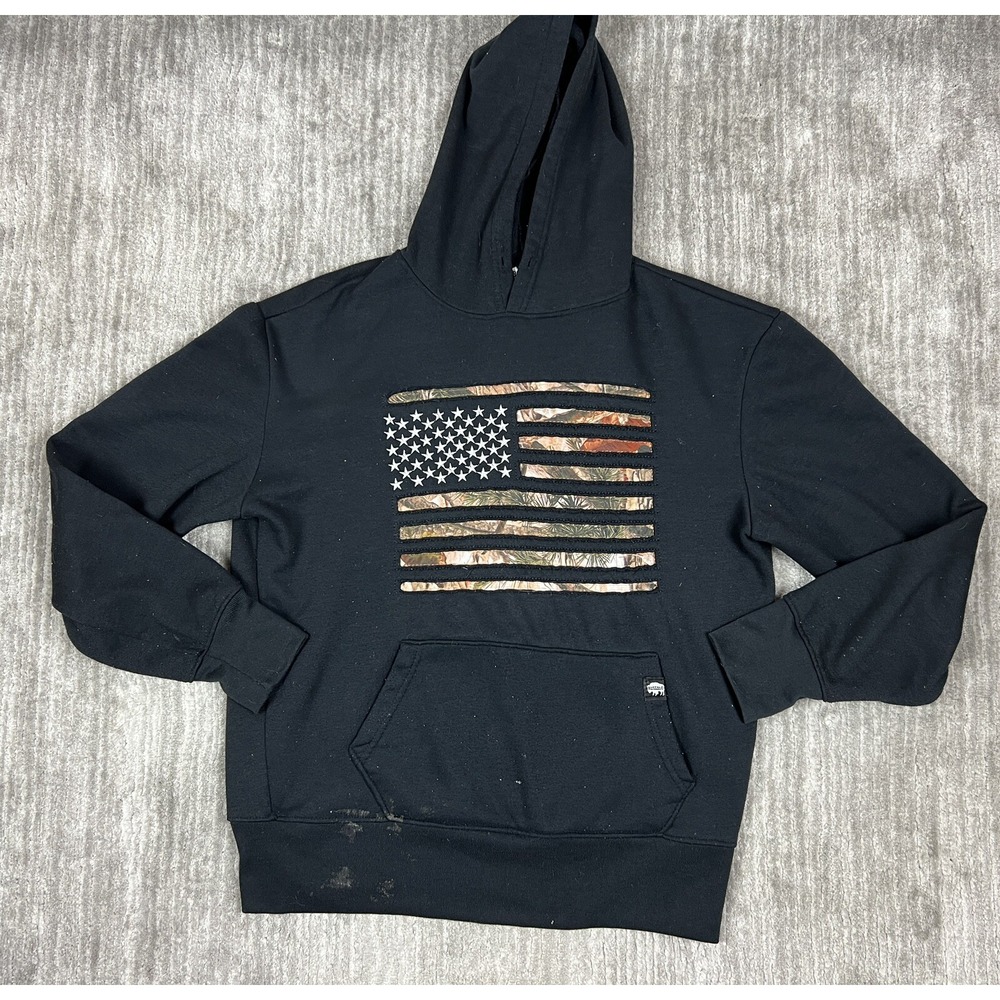Buffalo Outdoors Hoodie Mens M Black Camo American Flag Graphic Fleece Pullover